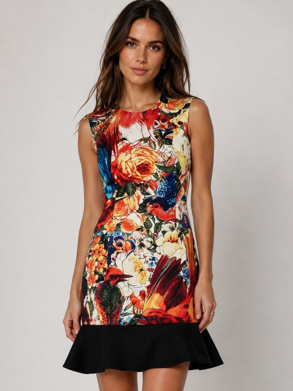 Just Cavalli Vibrant Floral Print Mini Dress Size 8 Black Multi-Color Birds